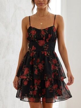 NWT American Eagle Ruched Tie-Back Floral Mini Dress Black Red size Medium